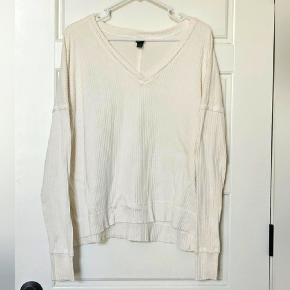 Oversized Ribbed V-Neck Top in Cream